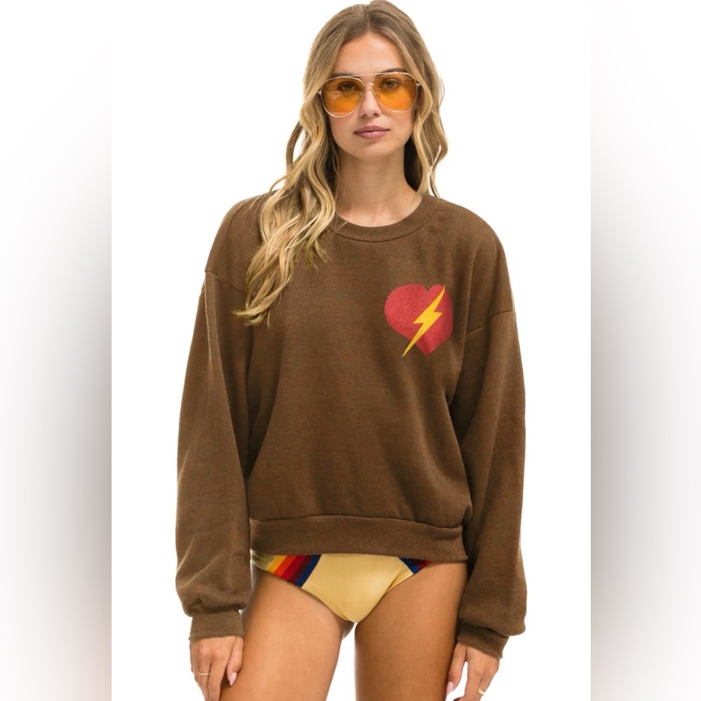 NWT aviator nation BOLT HEART RELAXED CREW SWEATSHIRT - CHOCOLATE size medium